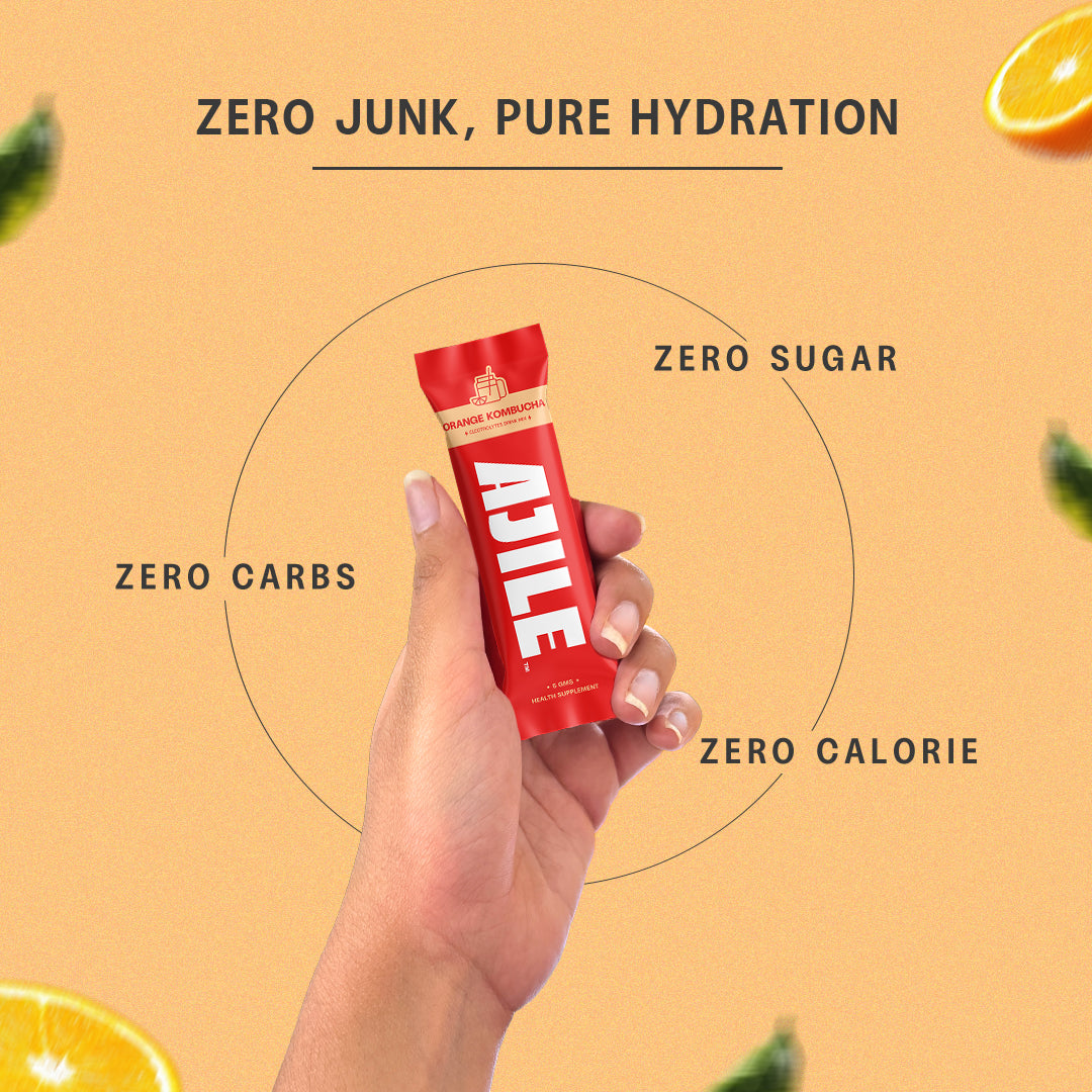 AJILE Zero Sugar Electrolytes Drink Mix - Orange Kombucha - India's #1 Zero Calorie Hydration