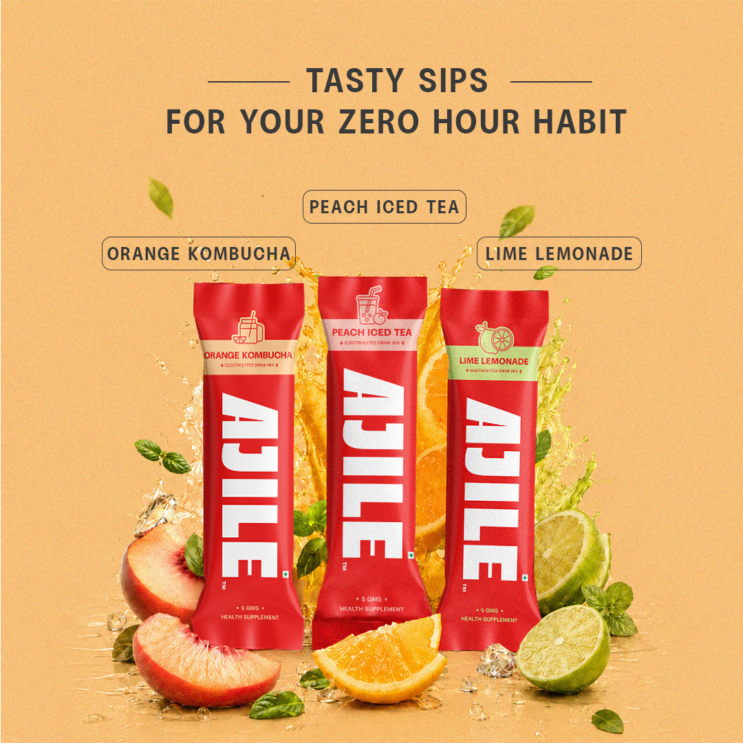 AJILE Zero Sugar Electrolytes Drink Mix - Orange Kombucha - India's #1 Zero Calorie Hydration