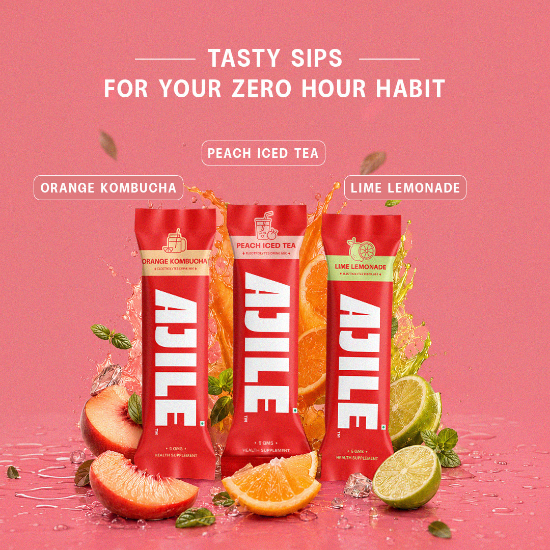 AJILE Zero Sugar Electrolytes Drink Mix - Peach Iced Tea - India's #1 Zero Calorie Hydration