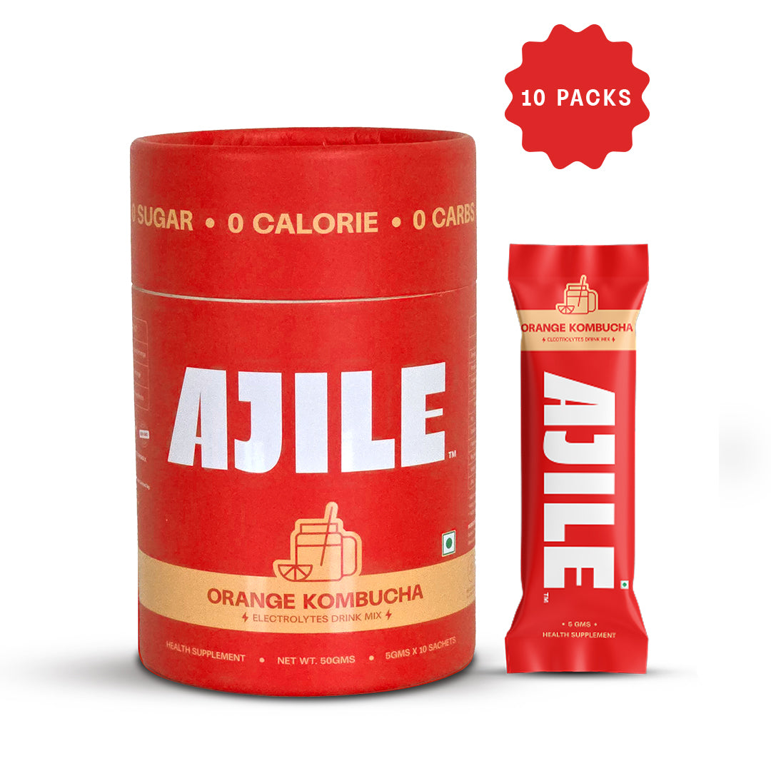 AJILE Zero Sugar Electrolytes Drink Mix - Orange Kombucha - India's #1 Zero Calorie Hydration