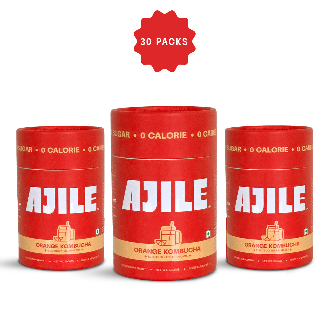 AJILE Zero Sugar Electrolytes Drink Mix - Orange Kombucha - India's #1 Zero Calorie Hydration