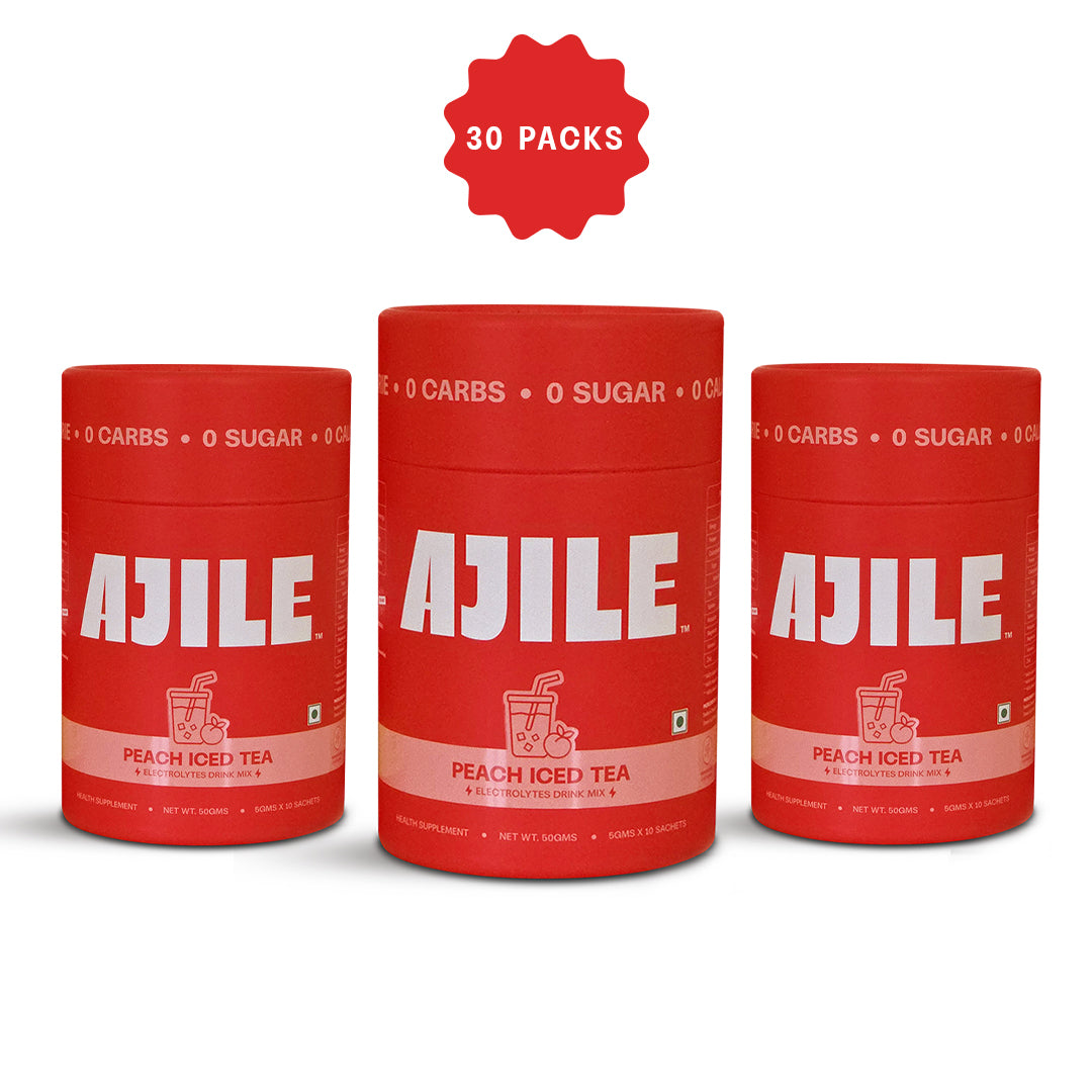 AJILE Zero Sugar Electrolytes Drink Mix - Peach Iced Tea - India's #1 Zero Calorie Hydration